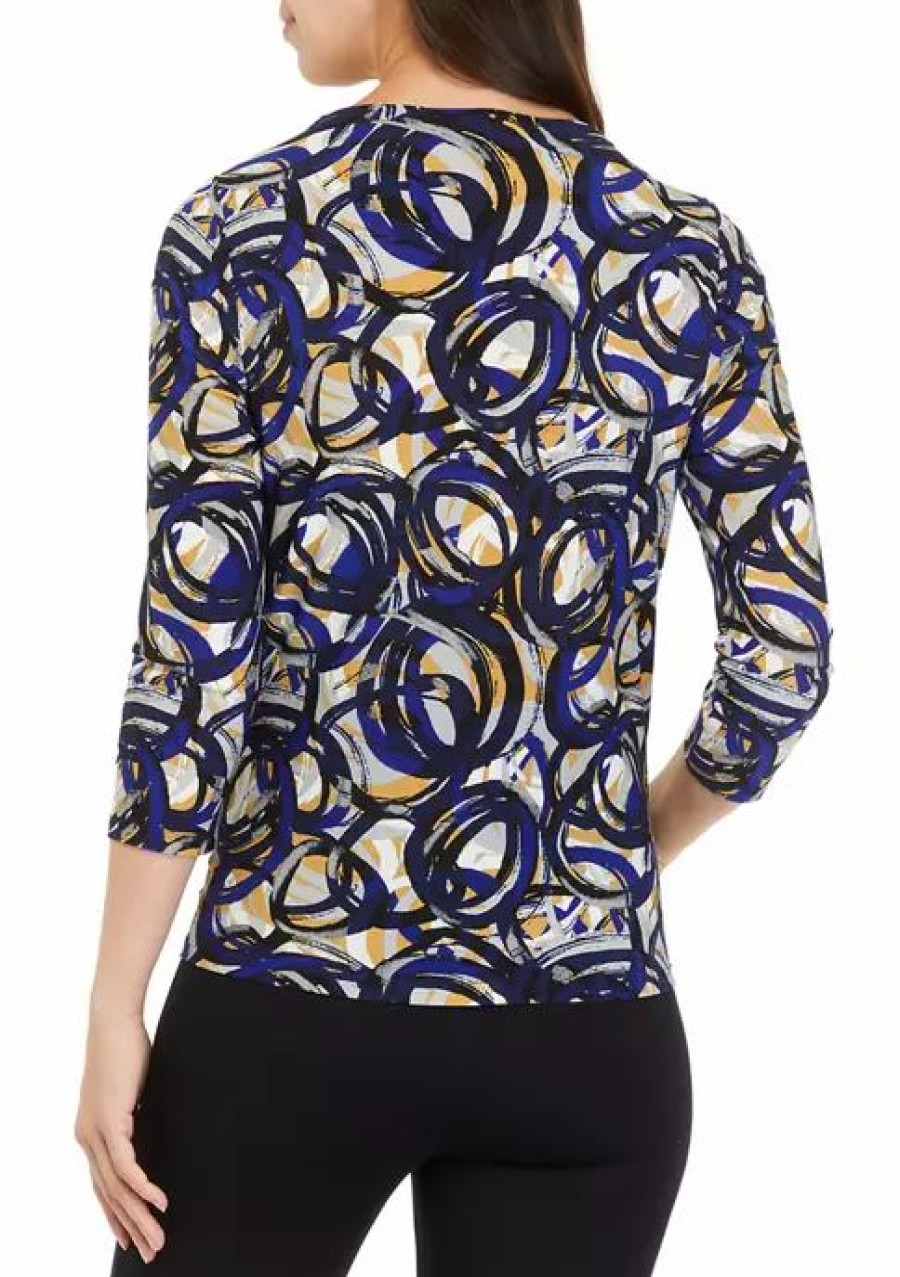 Women * | Best Deal Kasper Women'S 3/4 Sleeve Twist Neck Circle Print Top Royal Blue/Marigold