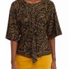 Women * | Flash Sale Kasper Women'S 3/4 Sleeve Tie Front Abstract Foil Print Top Black/Marigold Combo