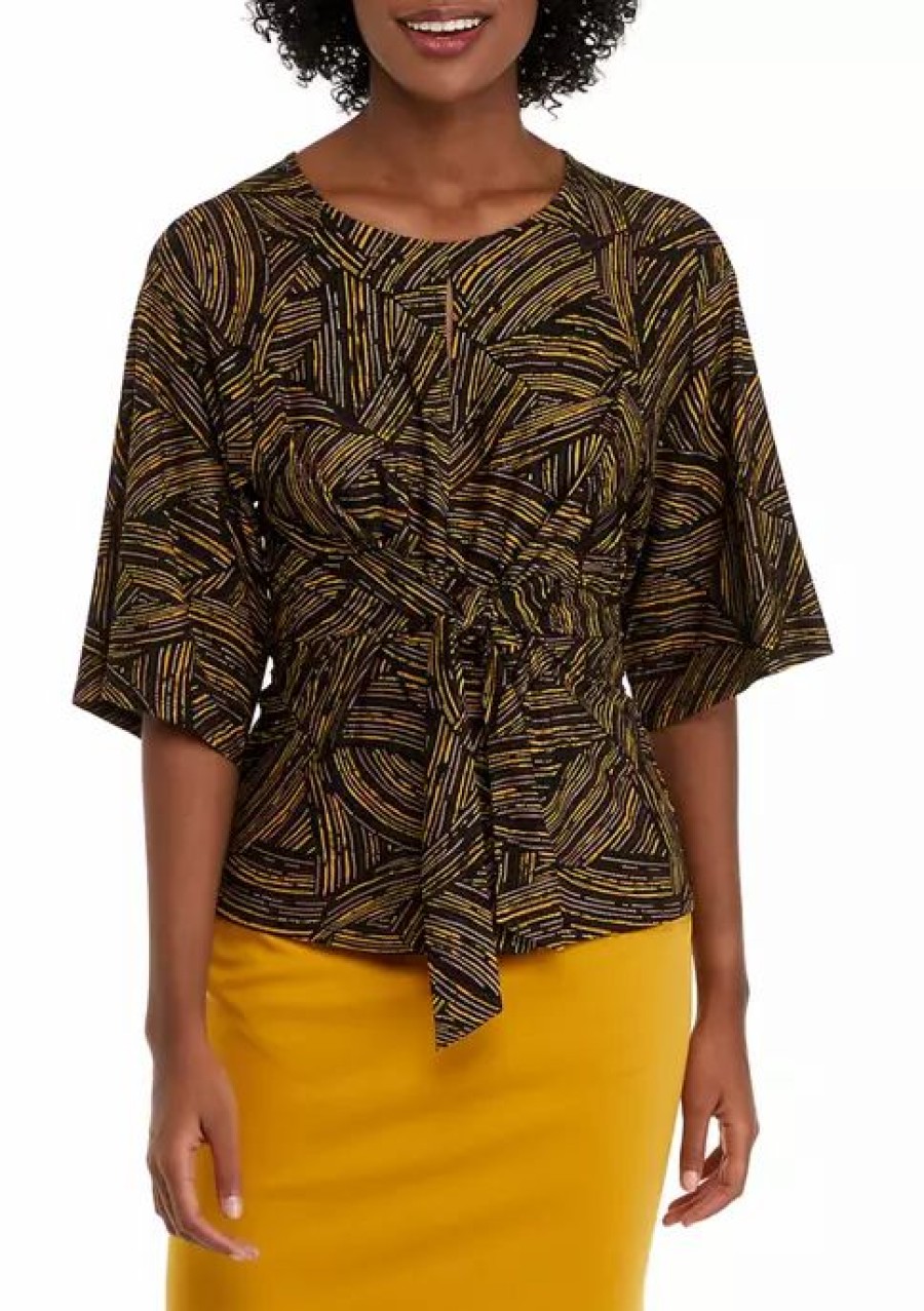 Women * | Flash Sale Kasper Women'S 3/4 Sleeve Tie Front Abstract Foil Print Top Black/Marigold Combo