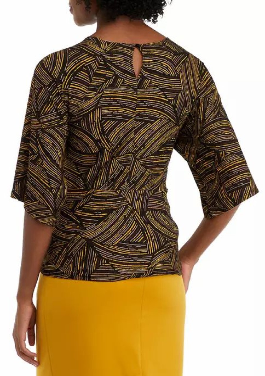 Women * | Flash Sale Kasper Women'S 3/4 Sleeve Tie Front Abstract Foil Print Top Black/Marigold Combo