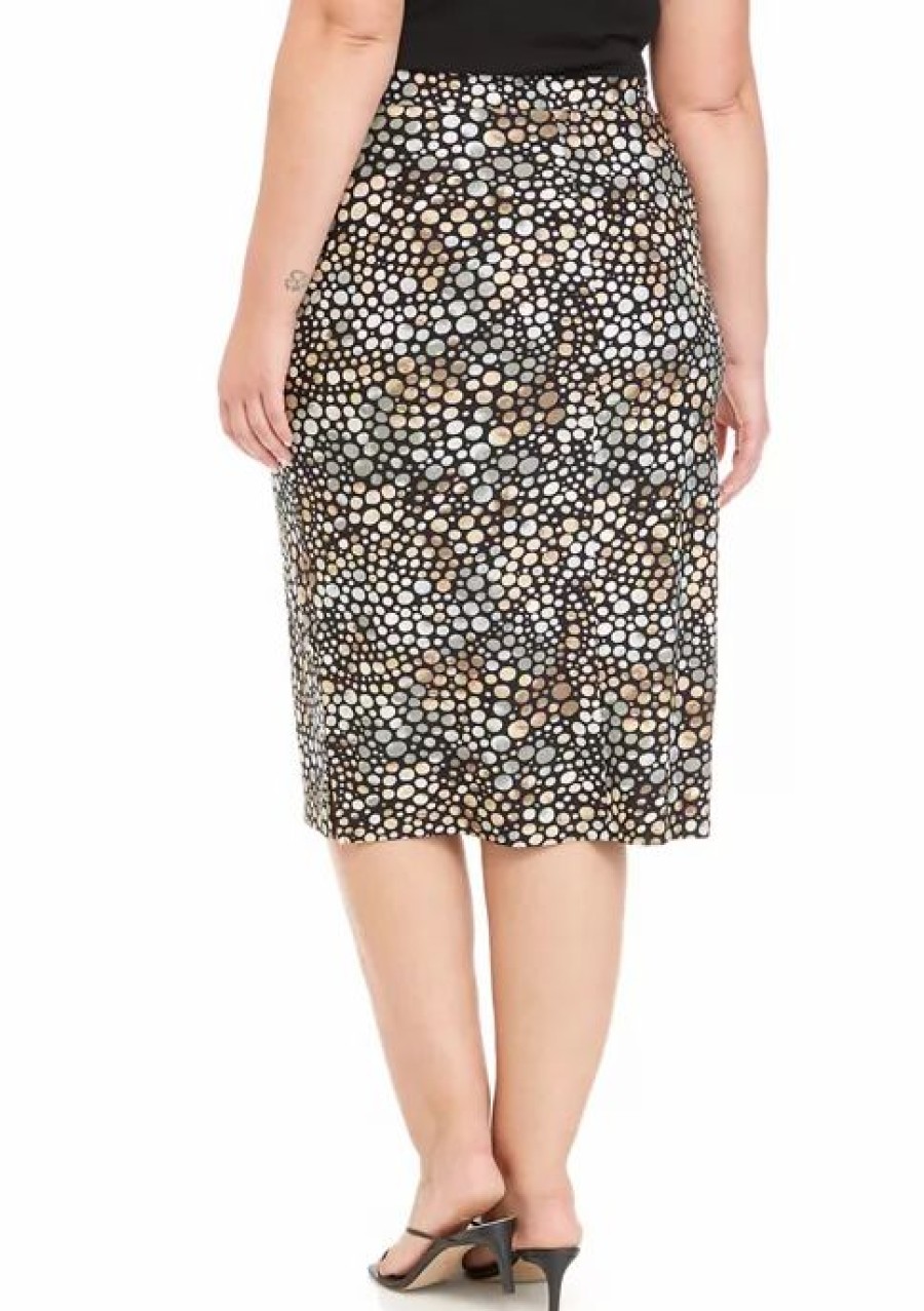 Women * | Hot Sale Kasper Plus Size Dot Print Slim Skirt With Side Slits Black/Sea Glass Combo