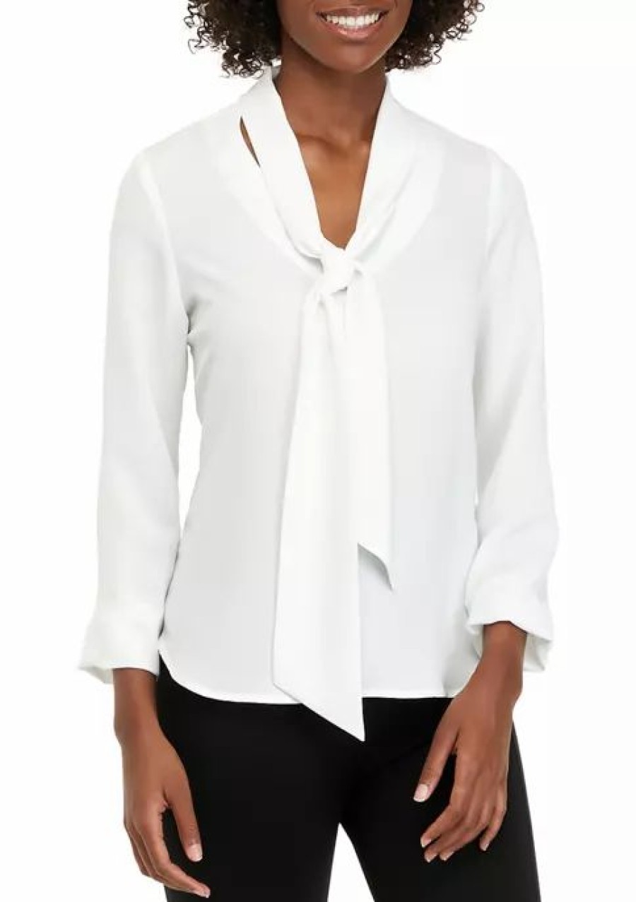 Women * | Coupon Kasper Women'S Long Sleeve Tie Front V-Neck Blouse