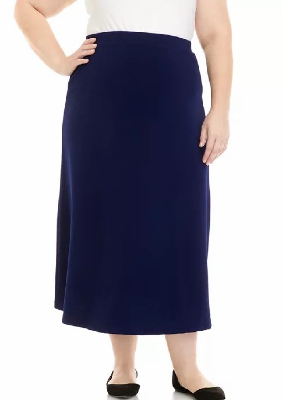 Women * | Best Reviews Of Kasper Plus Size Pull On Crosshatch Solid Maxi Skirt Kasper Navy