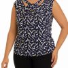 Women * | Hot Sale Kasper Plus Size Cap Sleeve Cut Out Twist Front Printed Top Kasper Navy Multi