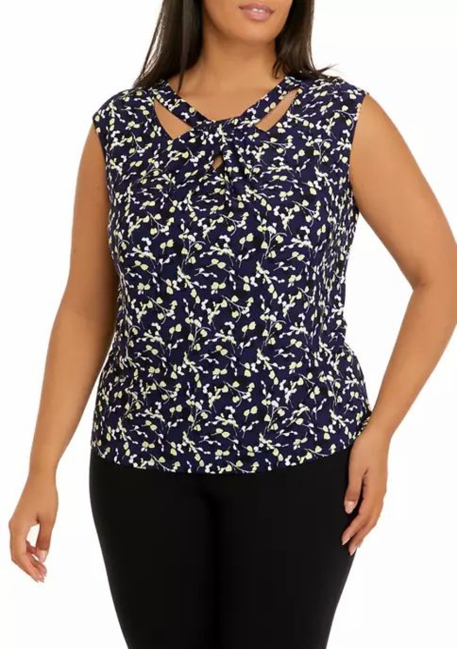 Women * | Hot Sale Kasper Plus Size Cap Sleeve Cut Out Twist Front Printed Top Kasper Navy Multi