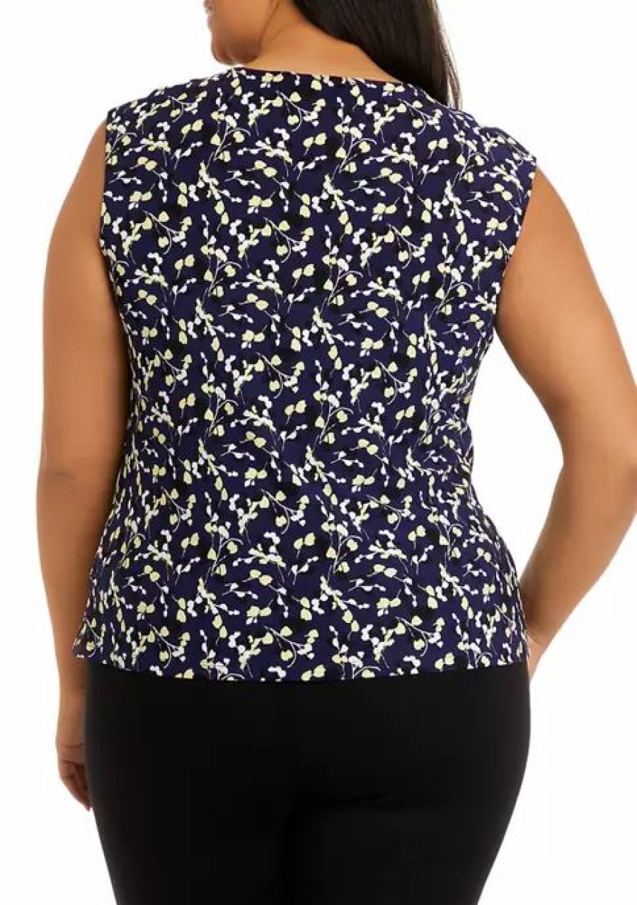 Women * | Hot Sale Kasper Plus Size Cap Sleeve Cut Out Twist Front Printed Top Kasper Navy Multi