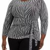 Women * | Cheapest Kasper Plus Size 3/4 Sleeve Tie Front Splice Stripe Lurex Knit Top Black/Silver