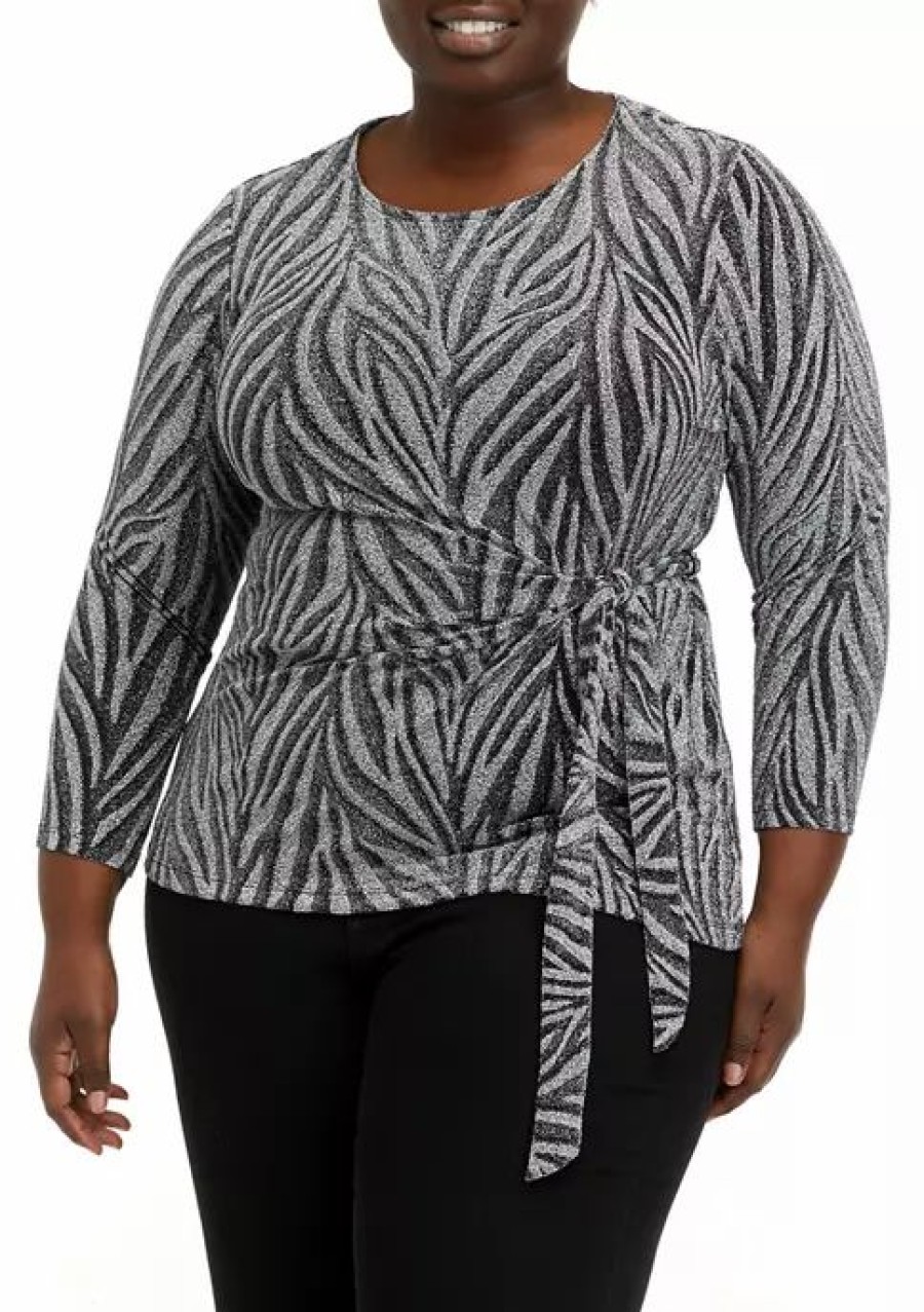 Women * | Cheapest Kasper Plus Size 3/4 Sleeve Tie Front Splice Stripe Lurex Knit Top Black/Silver