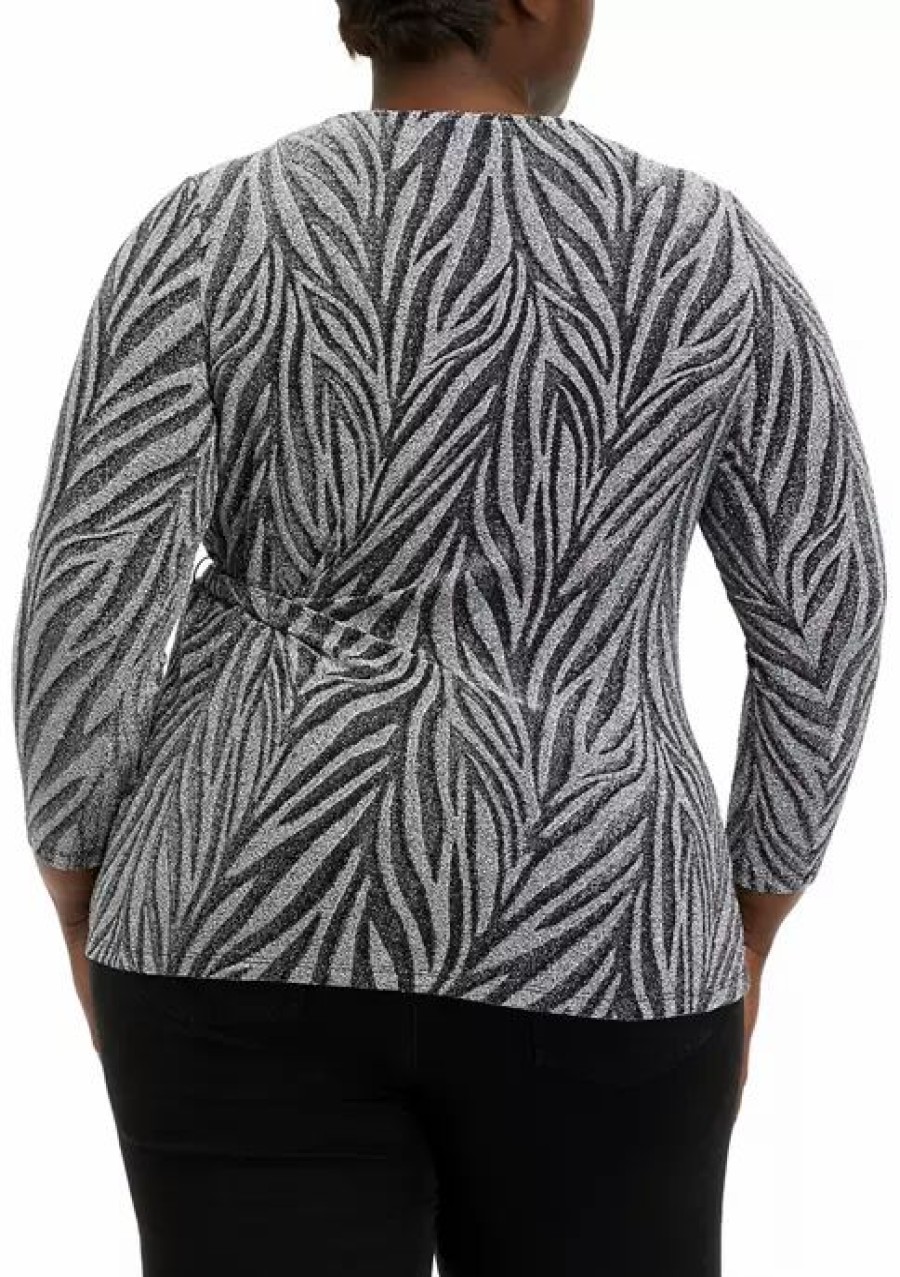 Women * | Cheapest Kasper Plus Size 3/4 Sleeve Tie Front Splice Stripe Lurex Knit Top Black/Silver