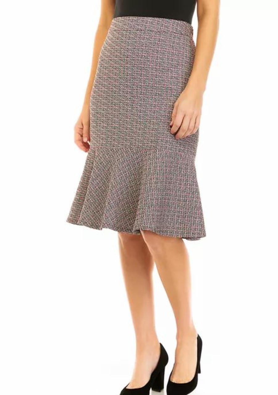 Women * | Budget Kasper Petite Tweed Flounce Hem Skirt Fire Red Multi