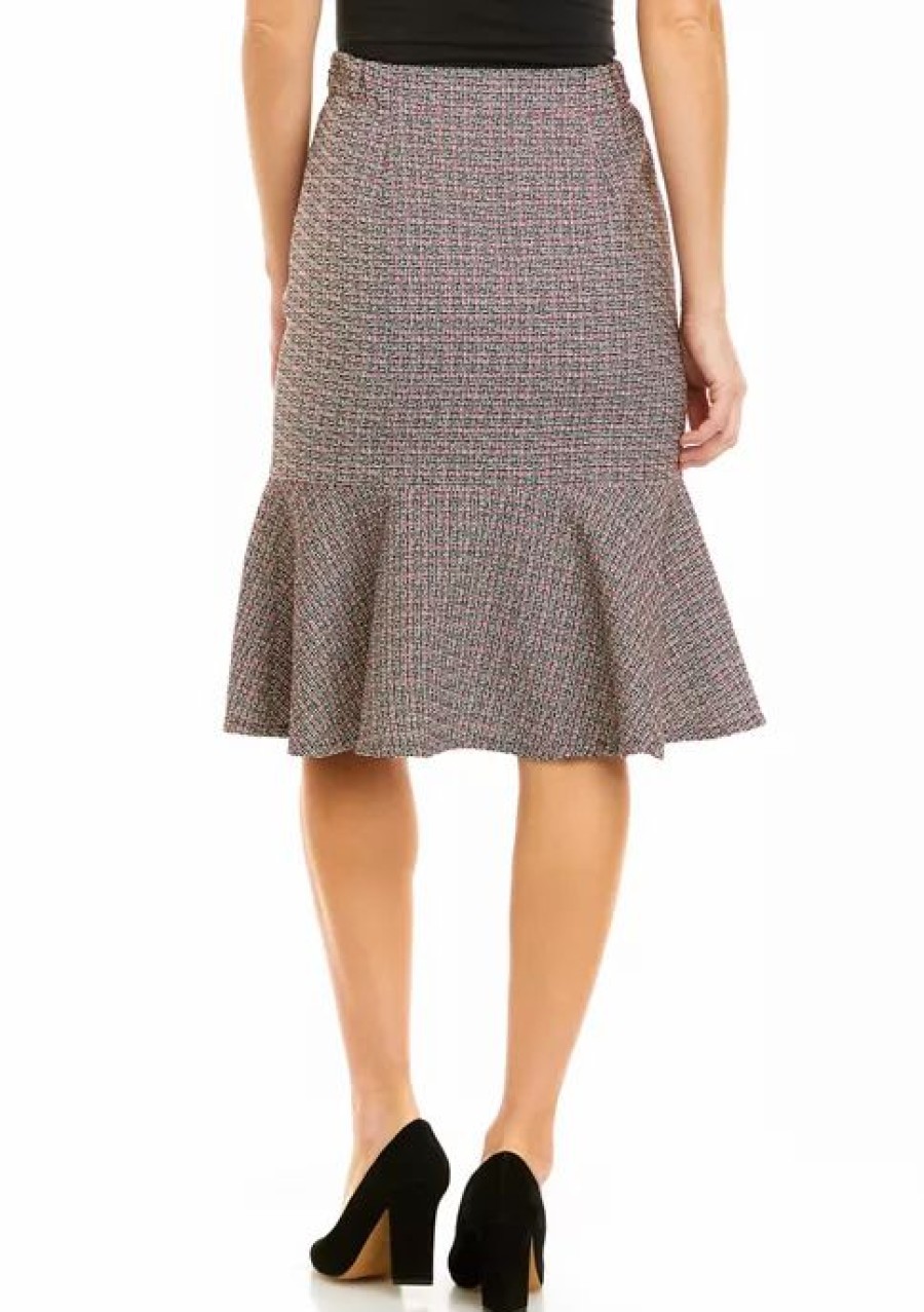 Women * | Budget Kasper Petite Tweed Flounce Hem Skirt Fire Red Multi