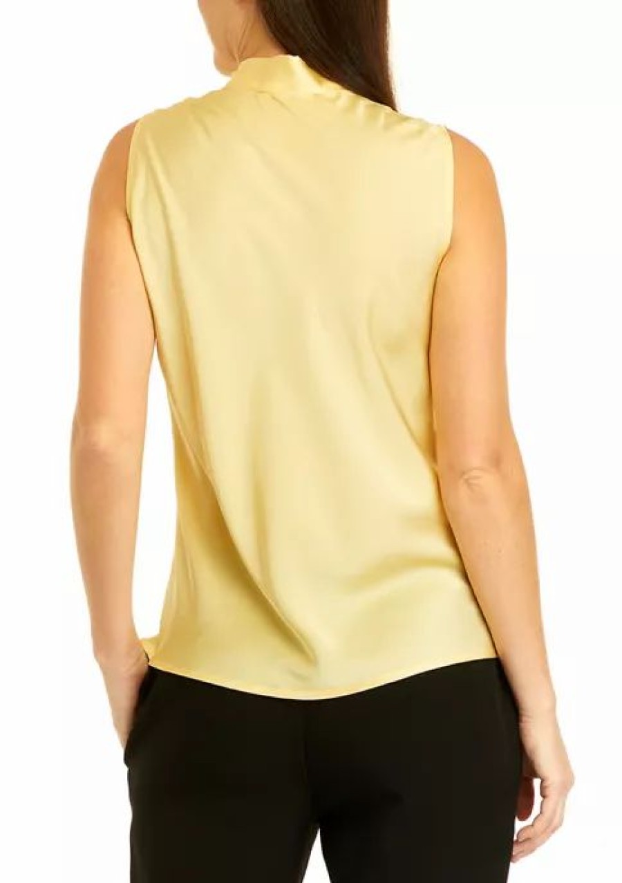 Women * | Promo Kasper Women'S Sleeveless Tie Front Solid Blouse Pale Yellow