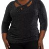 Women * | Brand New Kasper Plus Size 3/4 Sleeve Twist Neck Lurex Jersey Top Black/Silver