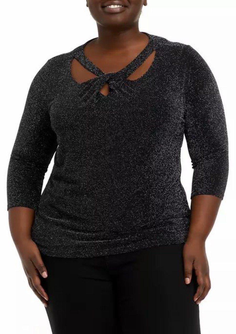 Women * | Brand New Kasper Plus Size 3/4 Sleeve Twist Neck Lurex Jersey Top Black/Silver