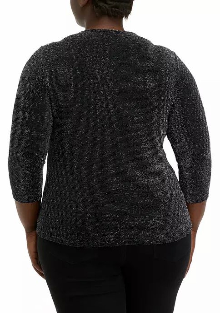 Women * | Brand New Kasper Plus Size 3/4 Sleeve Twist Neck Lurex Jersey Top Black/Silver