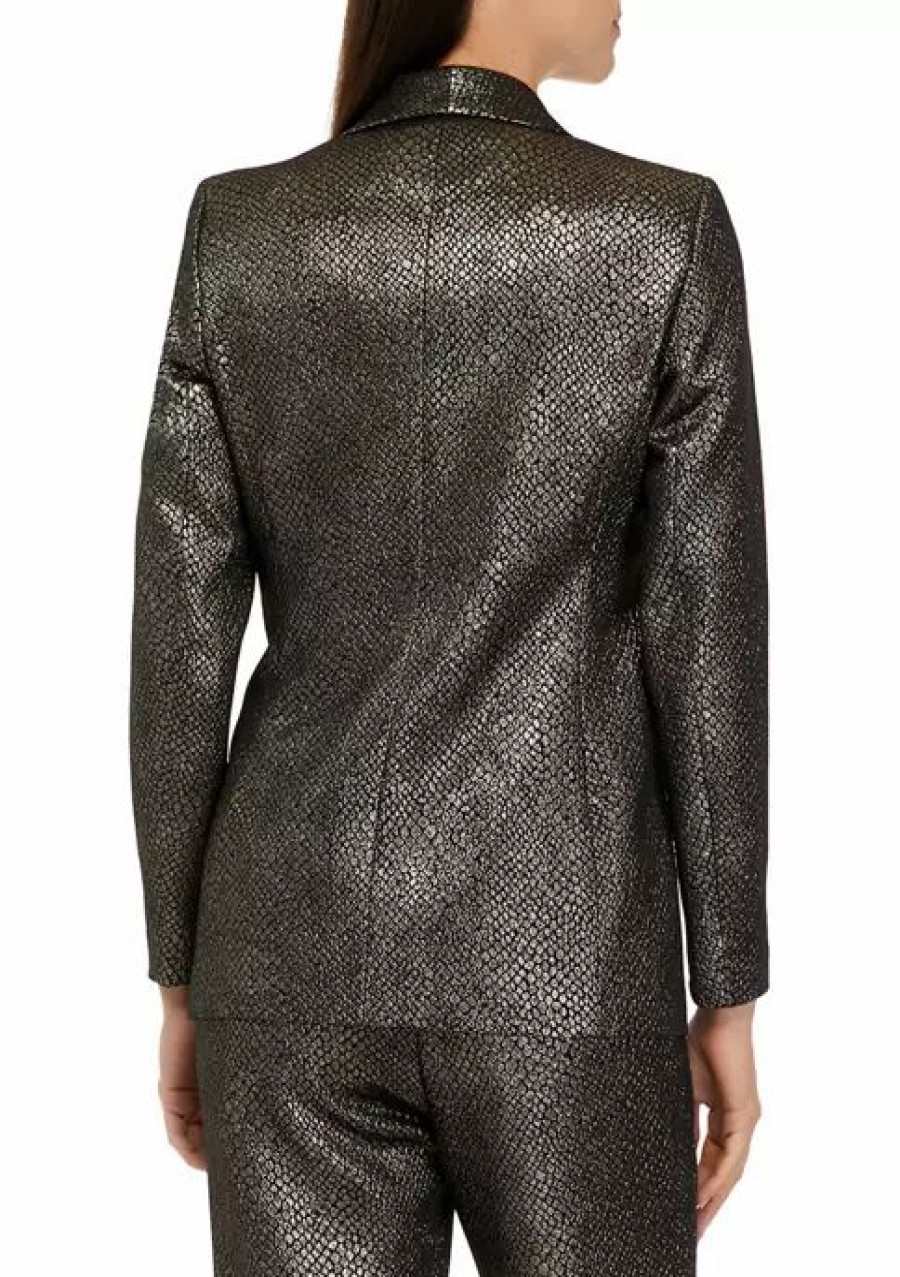 Women * | Best Reviews Of Kasper Women'S Long Sleeve One-Button Foil Jacket Black/Gold