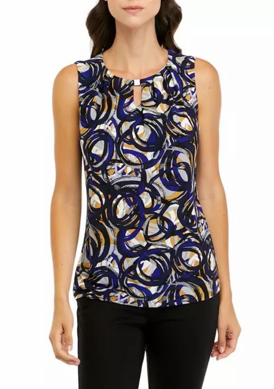 Women * | Cheap Kasper Women'S Sleeveless Pleat Neck Printed Blouse Royal Blue/Marigold Multi