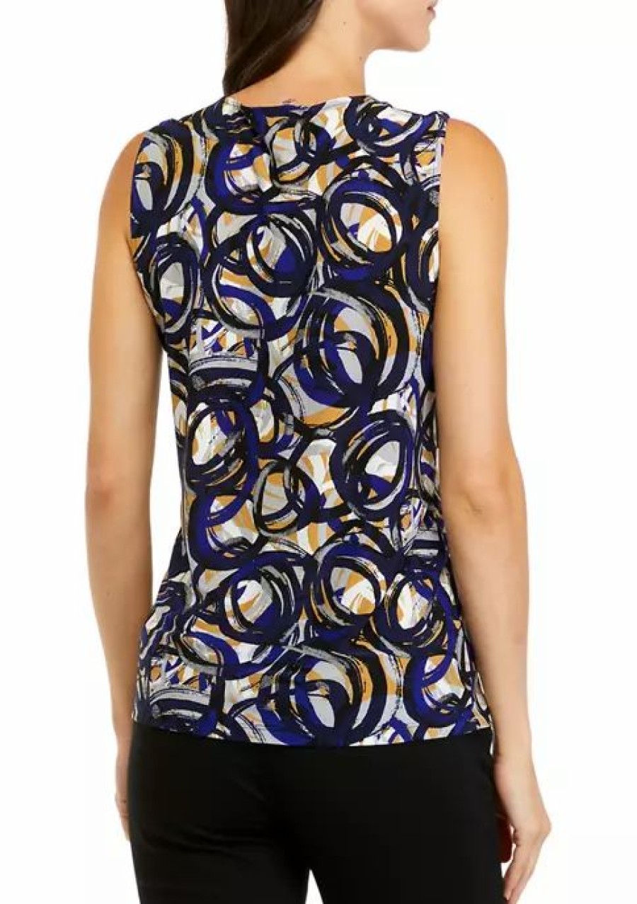 Women * | Cheap Kasper Women'S Sleeveless Pleat Neck Printed Blouse Royal Blue/Marigold Multi