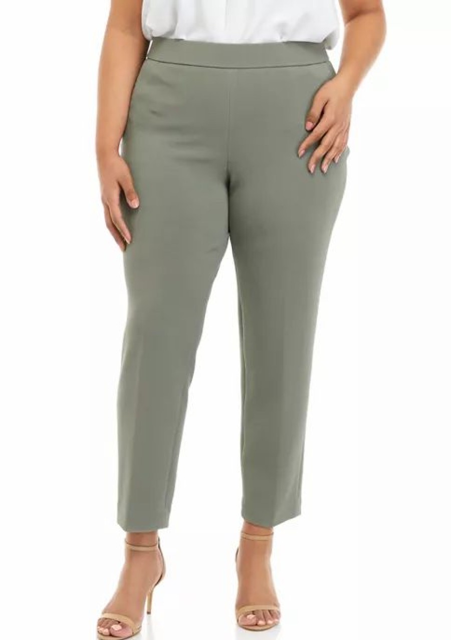 Women * | Hot Sale Kasper Plus Size Straight Leg Pull On Pants Sea Stone