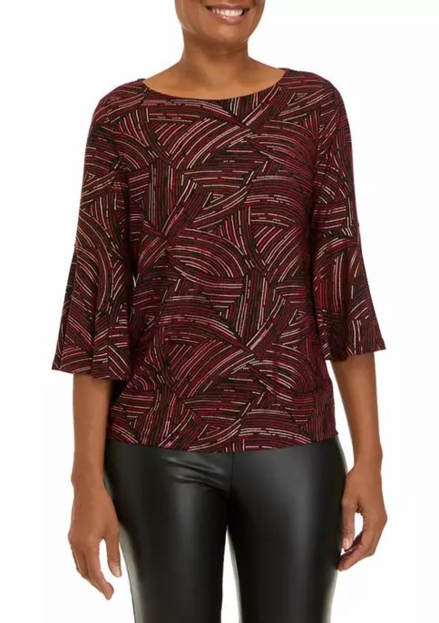 Women * | Cheapest Kasper Women'S Printed Bell Sleeve Top Fire Red Combo