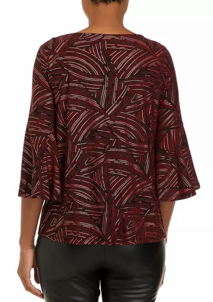 Women * | Cheapest Kasper Women'S Printed Bell Sleeve Top Fire Red Combo