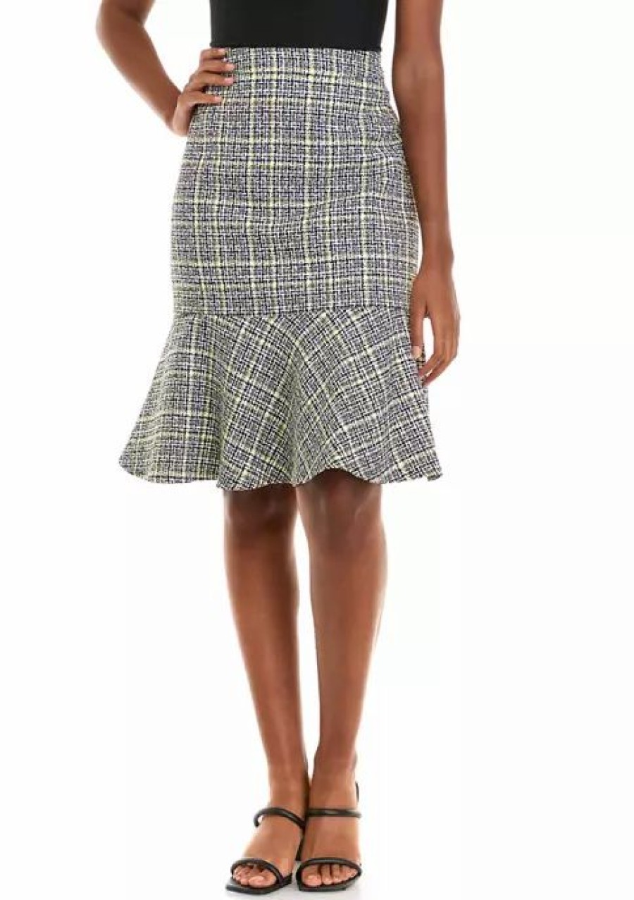 Women * | Brand New Kasper Women'S Tweed Pencil Skirt With Flounce Hem Pale Yellow Multi