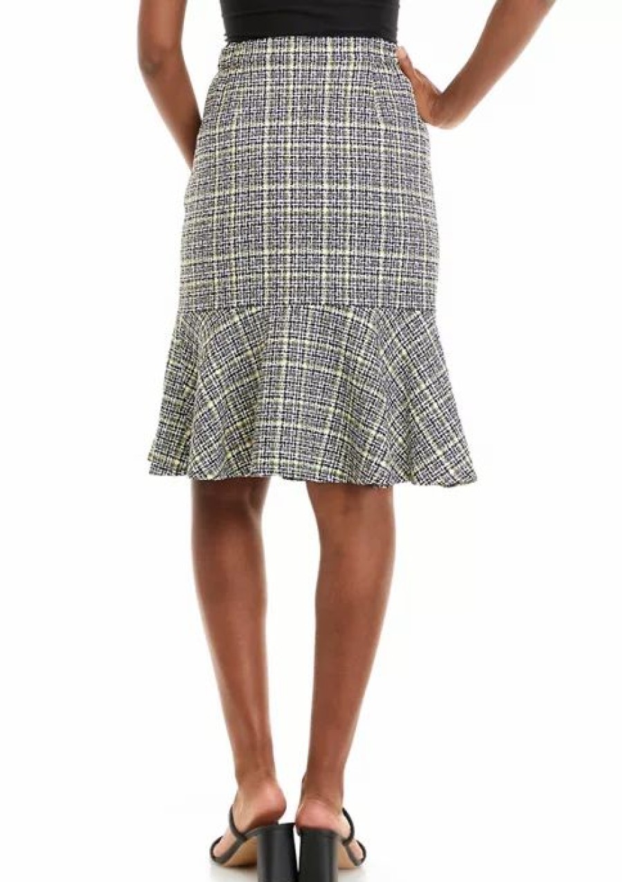 Women * | Brand New Kasper Women'S Tweed Pencil Skirt With Flounce Hem Pale Yellow Multi