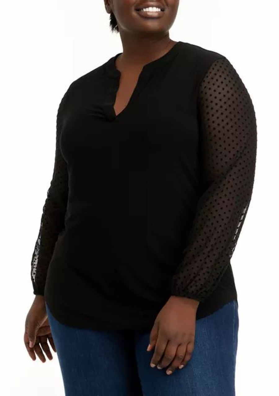 Women * | Discount Kasper Plus Size Long Sleeve Split Neck Top Black