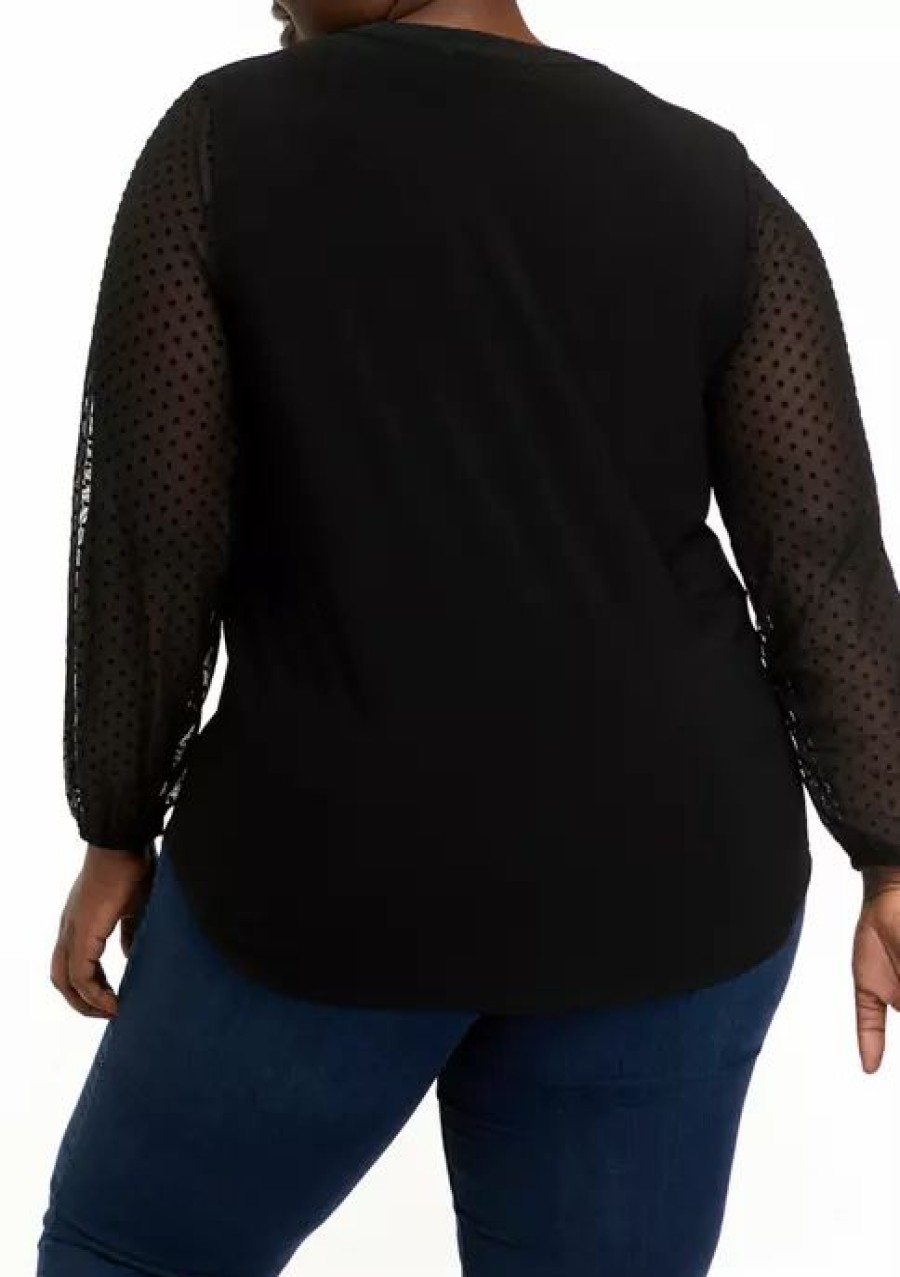 Women * | Discount Kasper Plus Size Long Sleeve Split Neck Top Black