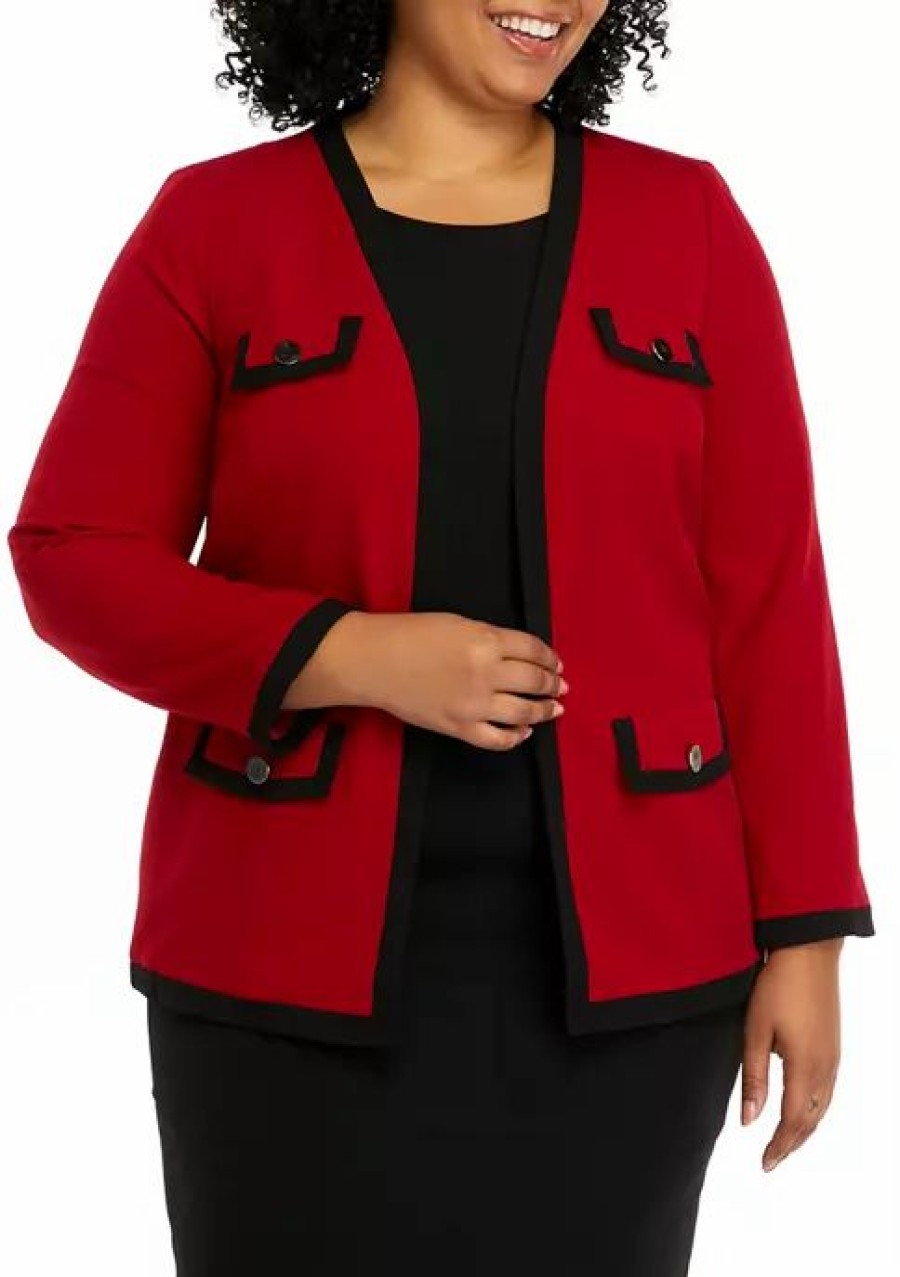 Women * | Deals Kasper Plus Size Open Front Jacket With Contrast Pockets Fire Red/Black