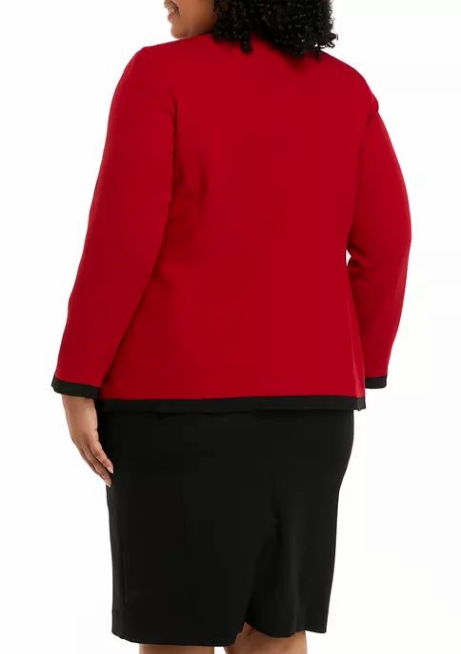 Women * | Deals Kasper Plus Size Open Front Jacket With Contrast Pockets Fire Red/Black