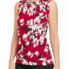 Women * | Discount Kasper Women'S Sleeveless Pleat Neck With Hardware Printed Top Fire Red/Pebble Cmb