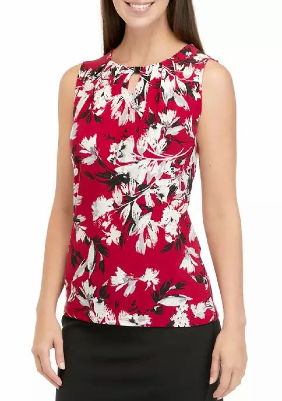 Women * | Discount Kasper Women'S Sleeveless Pleat Neck With Hardware Printed Top Fire Red/Pebble Cmb