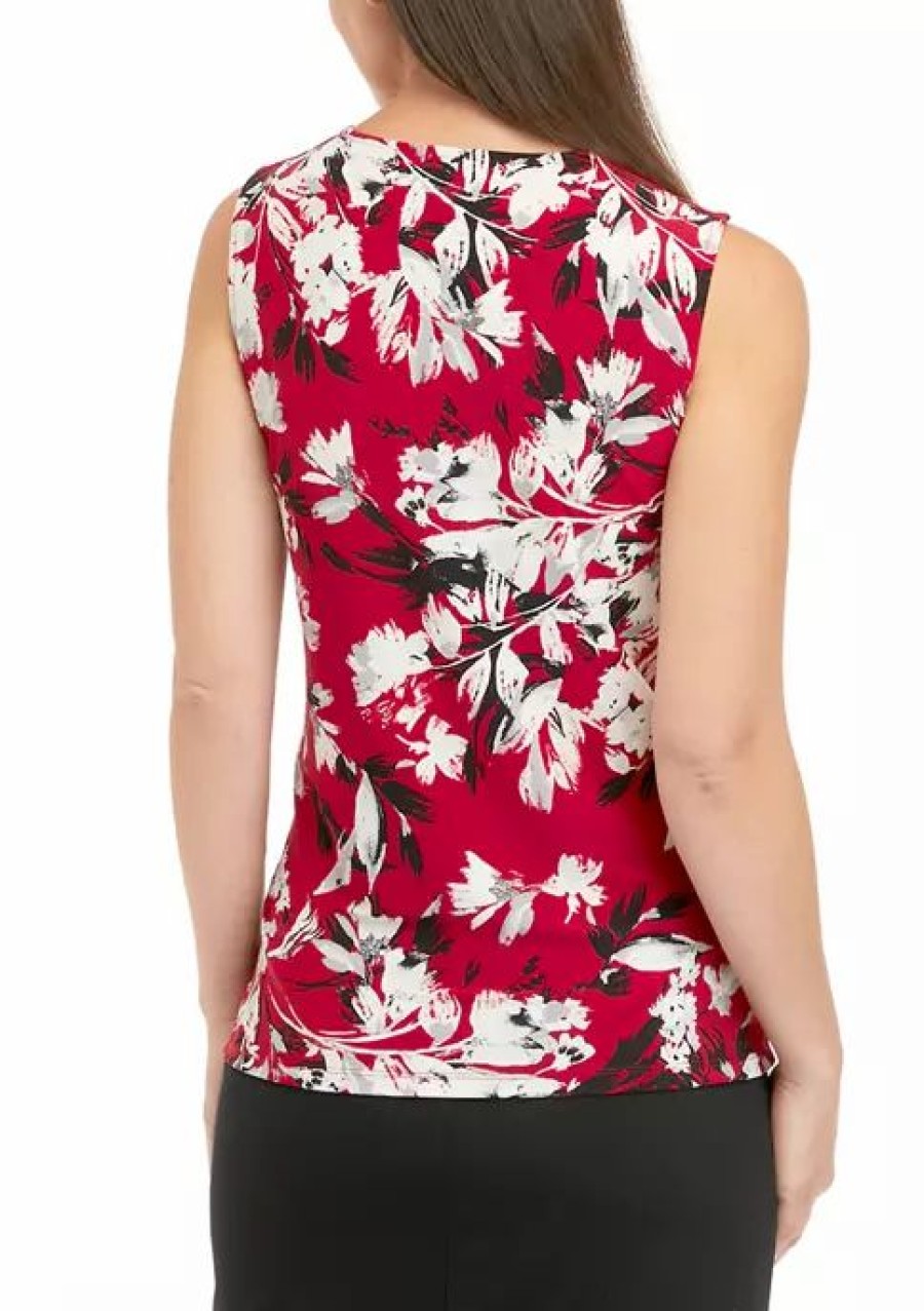 Women * | Discount Kasper Women'S Sleeveless Pleat Neck With Hardware Printed Top Fire Red/Pebble Cmb