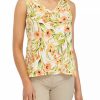 Women * | Hot Sale Kasper Petite Sleeveless Print Pleated V-Neck Blouse Papaya Combo