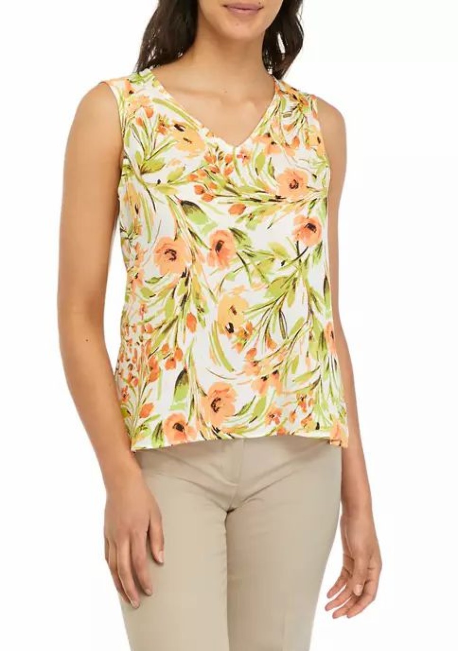 Women * | Hot Sale Kasper Petite Sleeveless Print Pleated V-Neck Blouse Papaya Combo