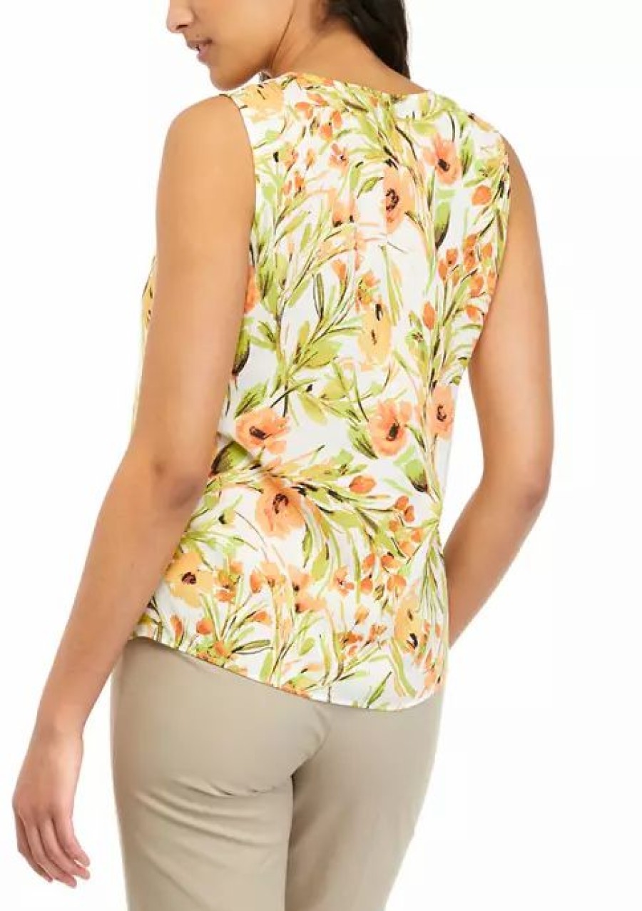 Women * | Hot Sale Kasper Petite Sleeveless Print Pleated V-Neck Blouse Papaya Combo