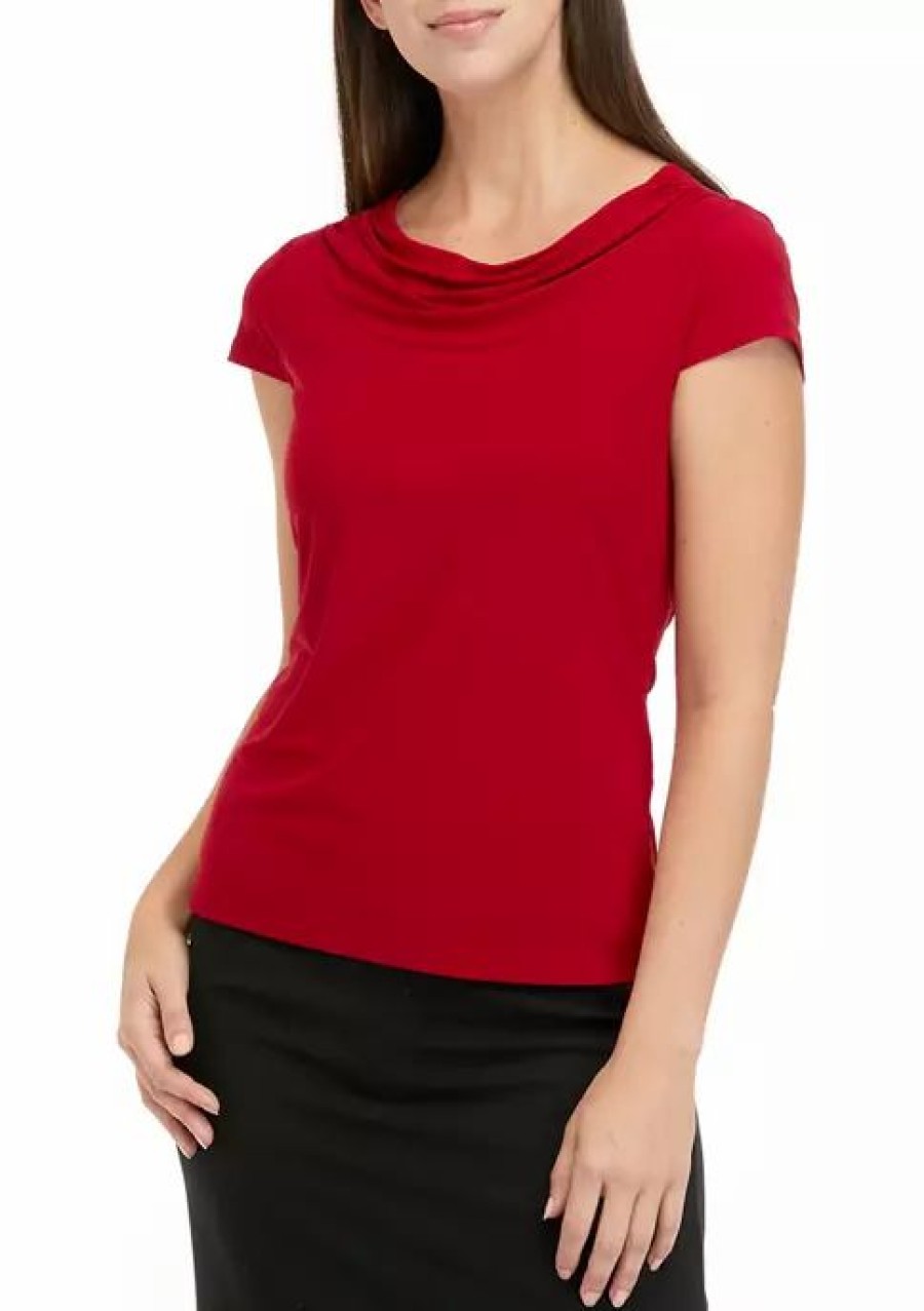 Women * | Top 10 Kasper Women'S Short Sleeve Solid Cowl Neck Top Fire Red