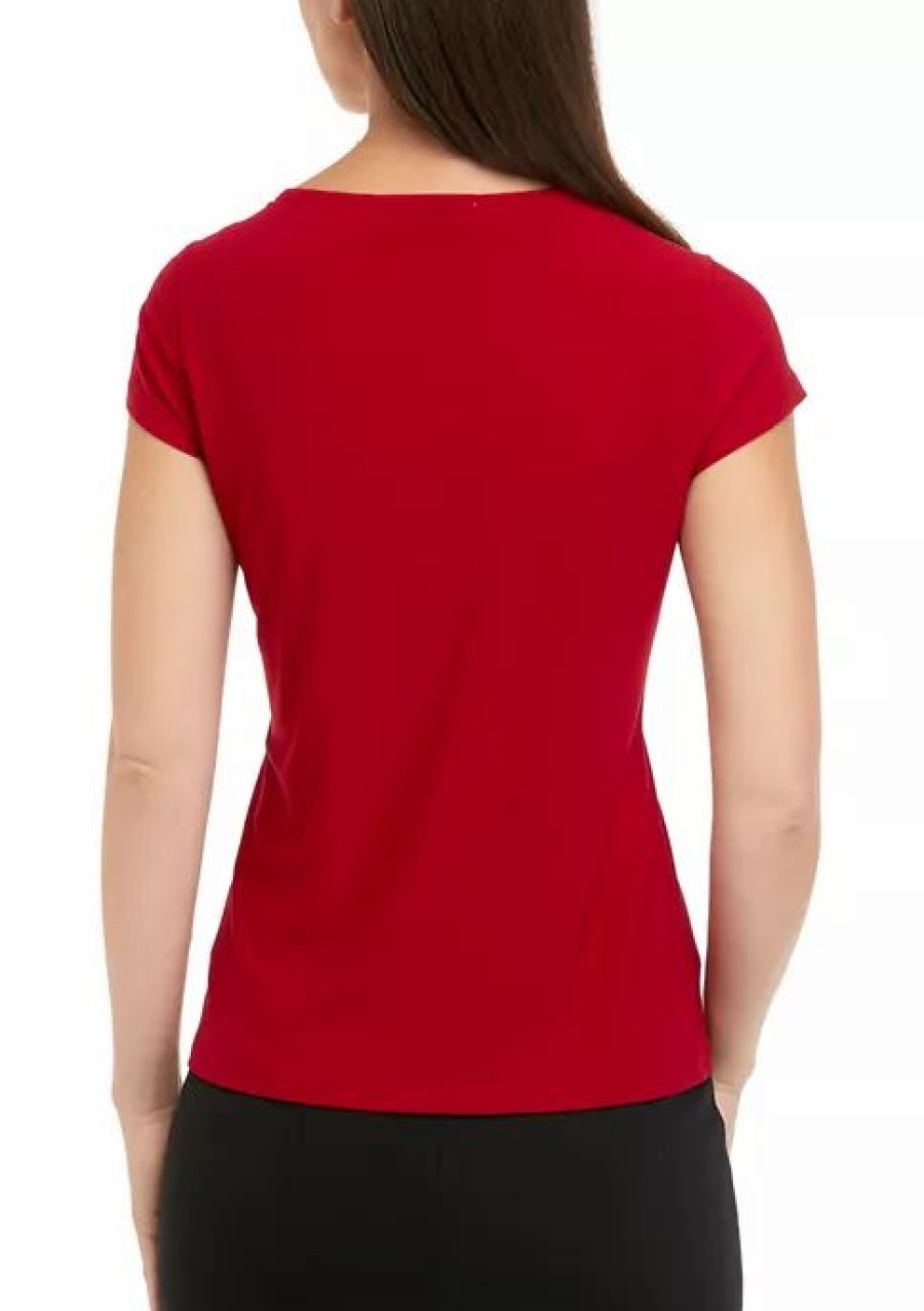 Women * | Top 10 Kasper Women'S Short Sleeve Solid Cowl Neck Top Fire Red