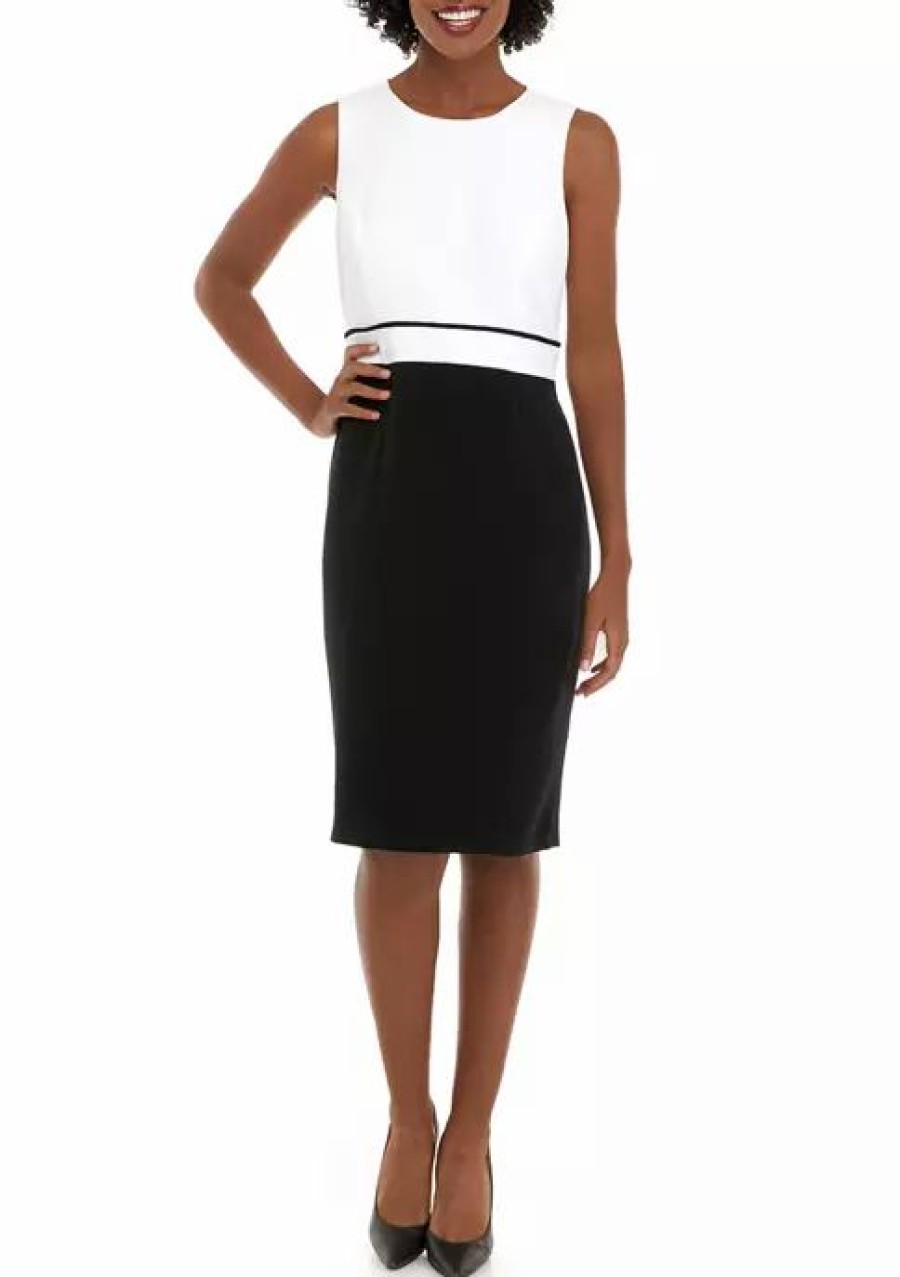 Women * | Promo Kasper Women'S Sleeveless Color Block Sheath Dress Vanilla Ice/Black