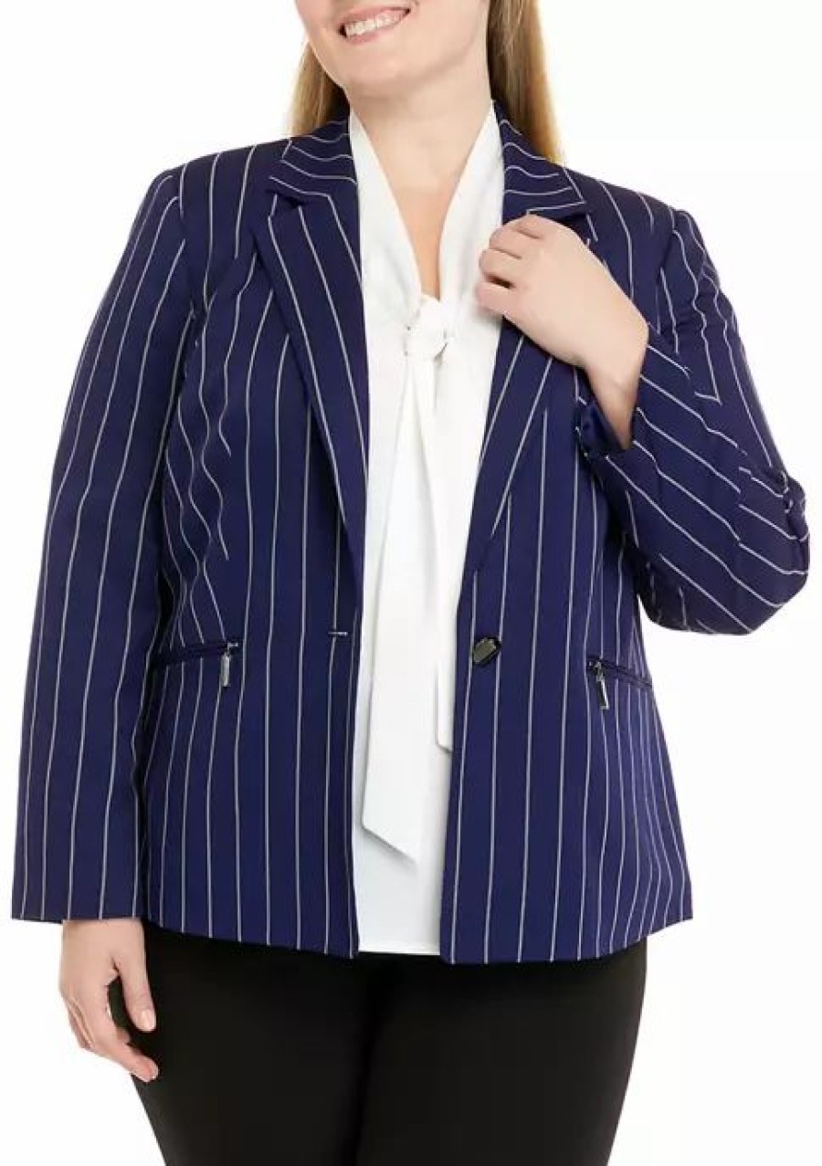 Women * | Cheapest Kasper Plus Size Long Sleeve Notch Collar One Button Pinstripe Jacket Kasper Nay/Van. Ice