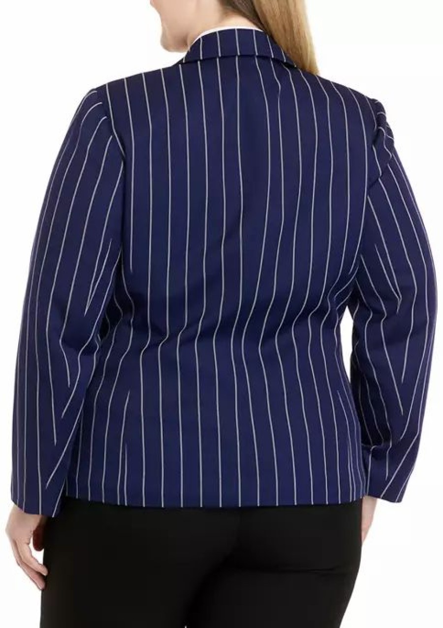 Women * | Cheapest Kasper Plus Size Long Sleeve Notch Collar One Button Pinstripe Jacket Kasper Nay/Van. Ice