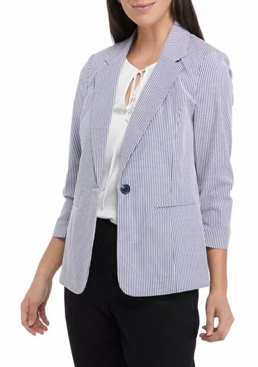 Women * | Budget Kasper Chambray Stripe Zip Pocket Jacket Chambray Multi