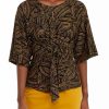 Women * | Budget Kasper Women'S 3/4 Sleeve Tie Front Abstract Foil Print Top Black/Marigold Combo