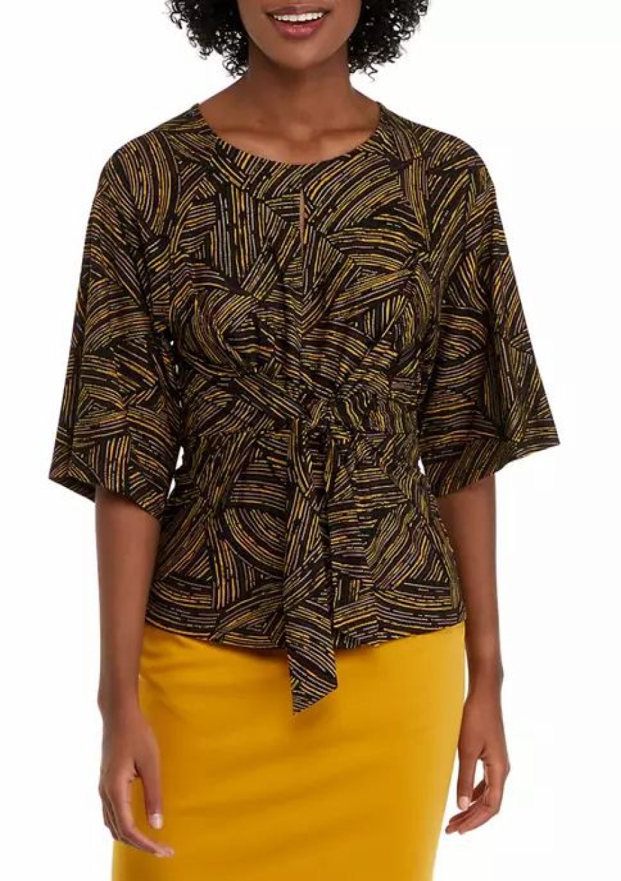 Women * | Budget Kasper Women'S 3/4 Sleeve Tie Front Abstract Foil Print Top Black/Marigold Combo