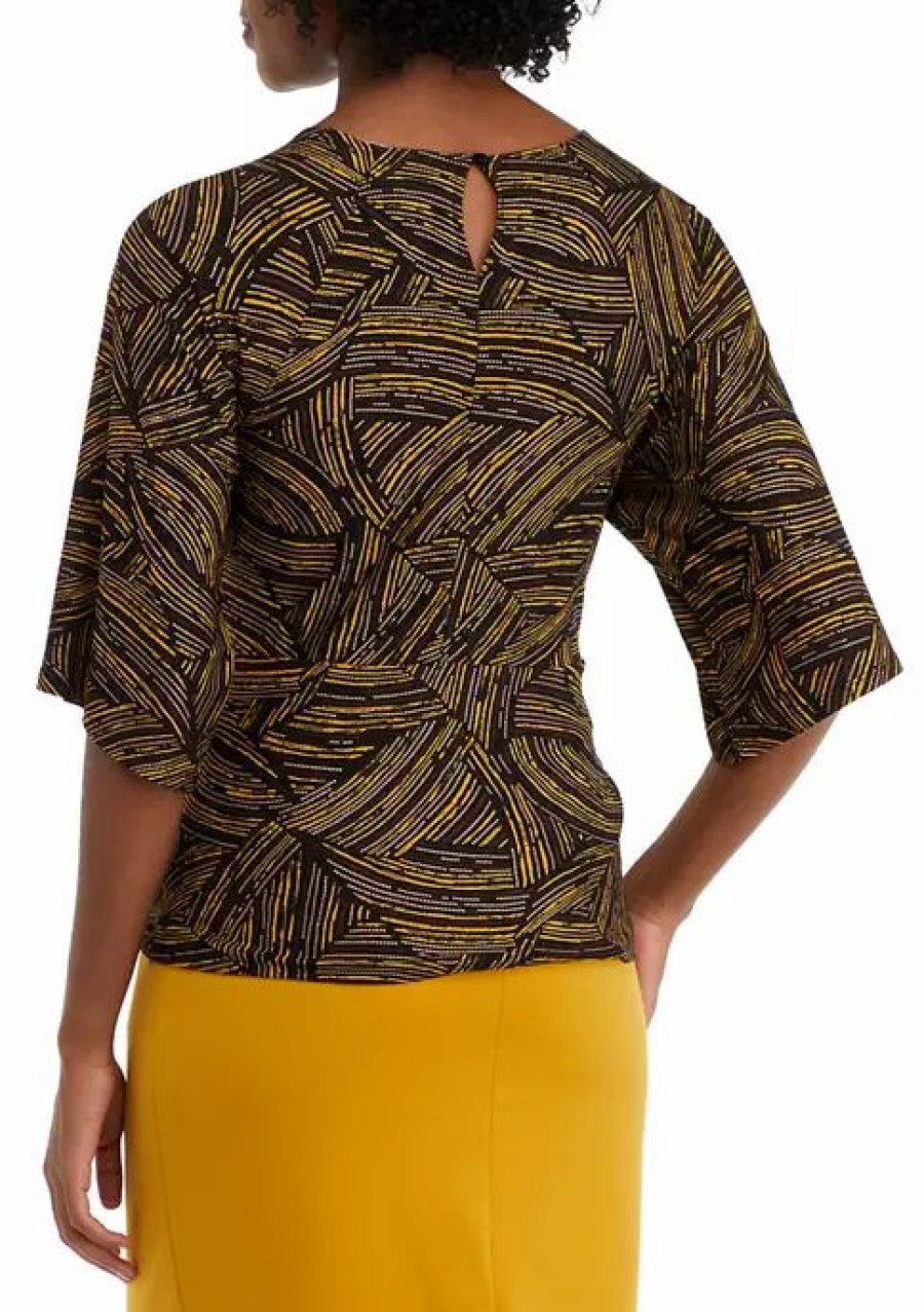 Women * | Budget Kasper Women'S 3/4 Sleeve Tie Front Abstract Foil Print Top Black/Marigold Combo