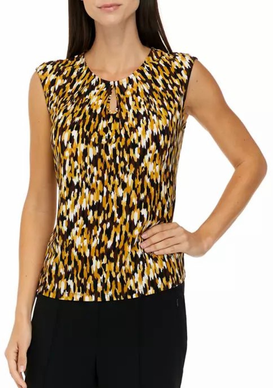 Women * | Brand New Kasper Women'S Sleeveless Keyhole Abstract Print Top Marigold Combo