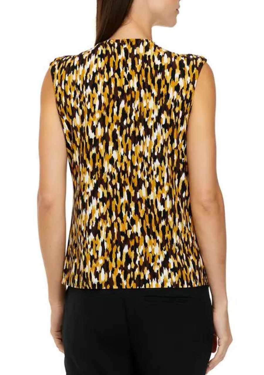 Women * | Brand New Kasper Women'S Sleeveless Keyhole Abstract Print Top Marigold Combo