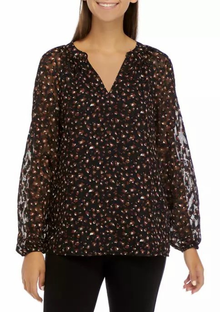 Women * | Best Pirce Kasper Women'S Blouson Sleeve Animal Print Woven Top Black Combo