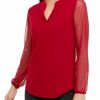 Women * | Best Reviews Of Kasper Petite Long Sleeve Split Neck With Point D'Espirit Blouse Fire Red